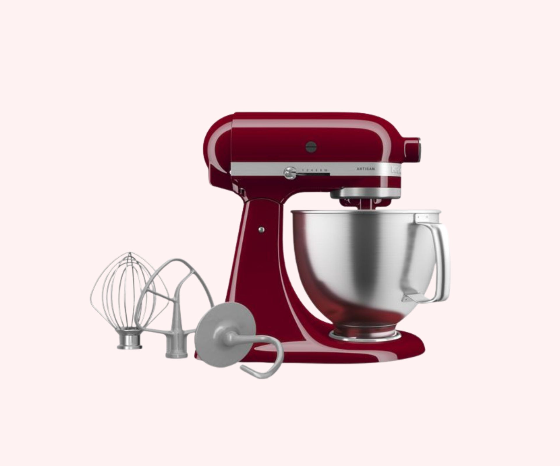 A dark red Kitchenaid mixer