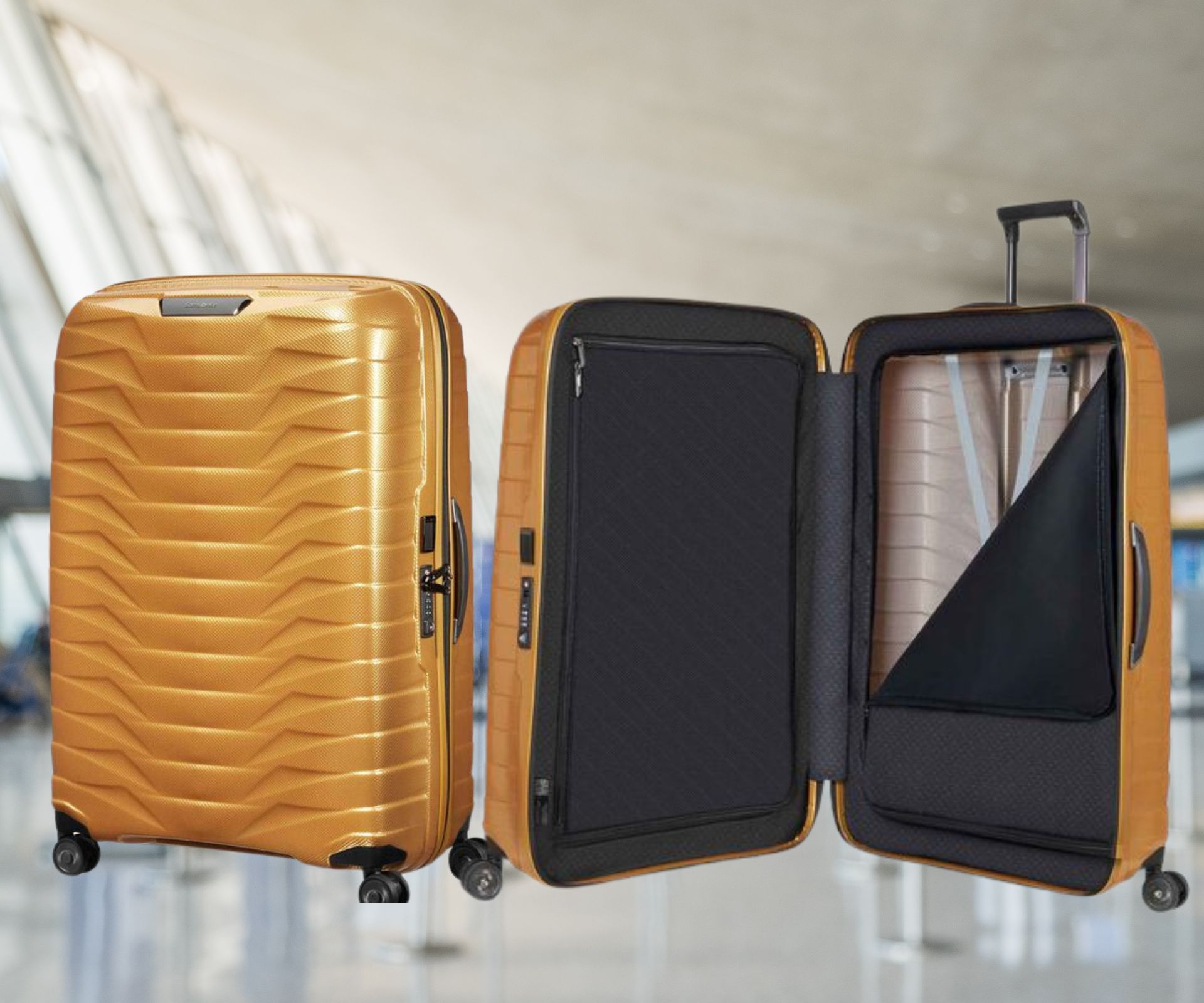 Samsonite orange hard-shell suitcase